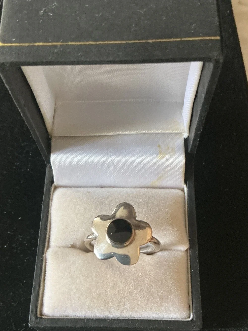 Sterling Silver Flower Ring with Black Onyx Center